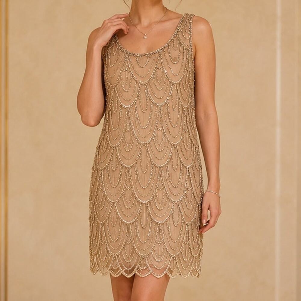 Pisarro Nights Champagne Gold Beaded Cocktail Dress Size 10 Art Deco Gatsby Glam